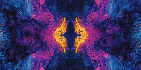 A surreal, colorful abstract background inspired by kaleidoscopic symmetry. The mirrored patterns of bright magenta, deep indigo, and glowing yellow form a mesmerizing, visually complex, and psychedelic composition.の素材