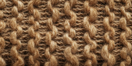 A thick, heavy wool fabric texture background in earthy tones. The visible yarn strands, natural fuzziness, and coarse weave create a rustic, cozy look, ideal for autumn, winter, and handmade textile themes.の素材