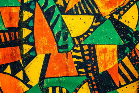 A vibrant African wax print fabric texture background with bold geometric patterns in bright orange, green, and yellow. The intricate, cultural designs make it perfect for ethnic, artisan, and handcrafted textile compositions.の素材