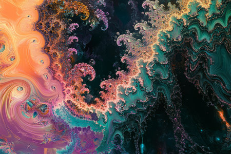 A surreal, colorful abstract background with a floating, liquid-like surface. The reflective, fluid patterns in neon jade, soft coral, and luminous violet create a futuristic, organic, and visually entrancing aesthetic.の素材