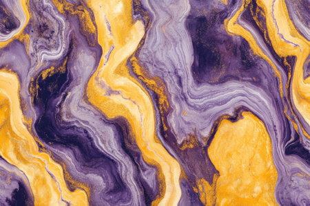 A mesmerizing, colorful abstract background inspired by natural marble textures. The swirling veins of golden yellow, deep navy, and glowing lavender create a luxurious, elegant, and visually captivating stone-like effect.の素材