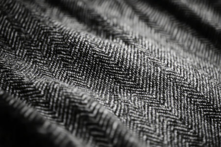 A rustic herringbone fabric texture background in charcoal black and white. The distinctive zigzag pattern, woven with fine details, creates a stylish, classic look, ideal for suiting, upholstery, and timeless textile designs.の素材