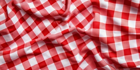 A vibrant gingham fabric texture background in red and white checkered patterns. The nostalgic picnic-inspired design is ideal for country-style fashion, rustic kitchen textiles, and classic summer outfits.の素材