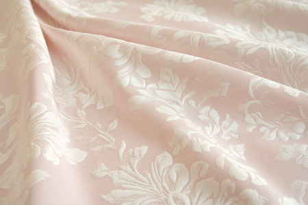 A vintage-inspired damask fabric texture background in soft pastel pink and cream. The delicate, raised floral patterns create an elegant, timeless effect, perfect for classic upholstery, wallpapers, and sophisticated fashion pieces.の素材