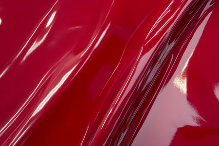 A glossy latex fabric texture background in deep crimson red. The ultra-smooth, high-shine surface creates a bold, edgy aesthetic, perfect for futuristic, high-fashion, and alternative style applications.の素材