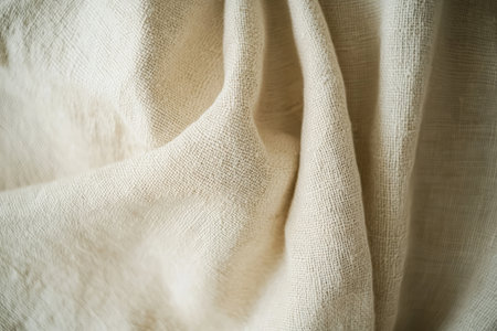A rustic homespun cotton fabric texture background in soft oatmeal beige. The slightly uneven weave and visible fibers add an artisanal, handmade quality, perfect for farmhouse decor, traditional quilting, and natural textile applications.の素材