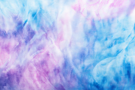 A faded tie-dye fabric texture background in pastel blues, purples, and pinks. The soft, organic patterns with gentle color transitions evoke a relaxed, bohemian vibe, perfect for casual fashion, festival wear, and artistic textiles.の素材