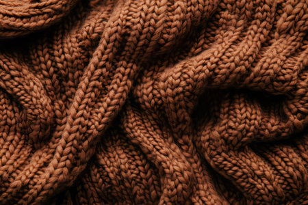 A warm, knitted wool fabric texture background in burnt sienna. The detailed stitches and slight fuzziness create a cozy, autumnal atmosphere, perfect for handmade sweaters, blankets, and rustic interior design.の素材