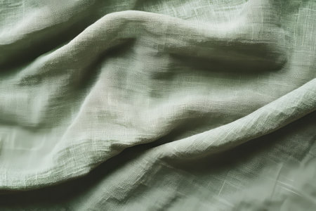 A cool, breathable linen fabric texture background in muted sage green. The slightly wrinkled, natural fibers create an airy, relaxed feel, perfect for summer clothing, eco-friendly fashion, and minimalist interior decor.の素材