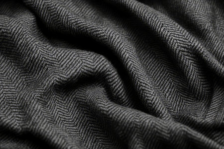 A soft herringbone fabric wool texture background in charcoal gray. The subtle zigzag weave adds a sophisticated and classic touch, ideal for tailored coats, winter suits, and refined interior decor.の素材