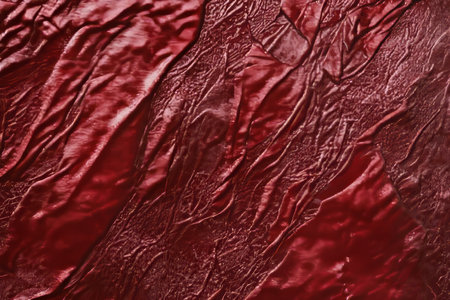 A crinkled satin fabric texture background in deep ruby red. The glossy, textured surface adds depth and movement, perfect for formal wear, luxury textiles, and dramatic fashion designs.の素材