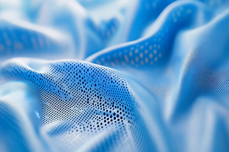 A sporty mesh fabric texture background in electric blue. The breathable, perforated material with a subtle sheen provides a high-performance, athletic look, making it perfect for sports jerseys, running gear, and futuristic textiles.の素材