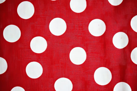 A retro polka dot fabric texture background in cherry red and white. The playful, vintage-inspired pattern exudes mid-century charm, perfect for nostalgic fashion, accessories, and cheerful textile designs.の素材