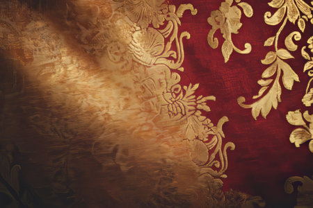 A luxurious silk brocade fabric texture background in shimmering gold and deep crimson. The raised, intricate floral patterns create a regal, opulent effect, ideal for vintage upholstery, evening gowns, and high-end decor.の素材