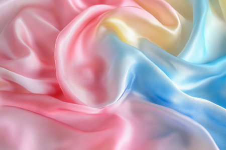 A watercolor-dyed silk fabric texture background in pastel pink, blue, and yellow. The soft, fluid transitions of color create a dreamy, ethereal effect, perfect for artistic textiles, scarves, and high-end couture.の素材