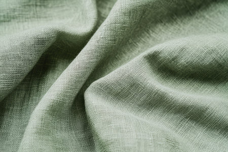 A cool, breathable linen fabric texture background in muted sage green. The slightly wrinkled, natural fibers create an airy, relaxed feel, perfect for summer clothing, eco-friendly fashion, and minimalist interior decor.の素材