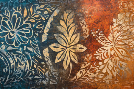 A bohemian batik fabric texture background in earthy browns, oranges, and blues. The hand-dyed, intricate patterns with organic shapes add an artisanal, cultural touch, perfect for ethnic fashion, home textiles, and artistic accessories.の素材