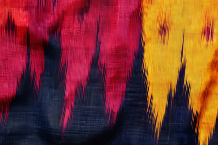 A colorful ikat fabric texture background with bold, blurry patterns in deep red, navy blue, and saffron yellow. The hand-dyed, woven look is perfect for cultural textiles, artistic fashion, and exotic decor.の素材