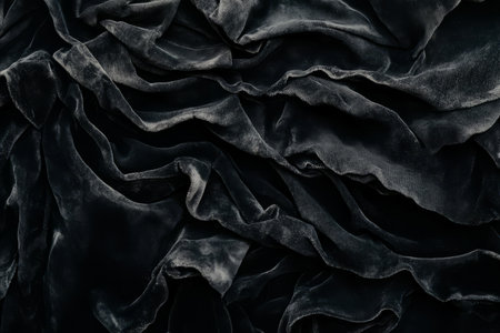 A dramatic black velvet fabric texture background with deep folds. The luxurious, light-absorbing surface creates an opulent, moody effect, perfect for high-fashion, theater, and gothic textile designs.の素材