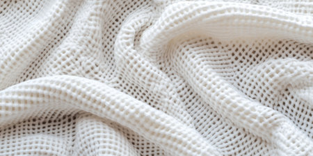 A deeply textured waffle knit fabric texture background in creamy ivory. The raised grid-like structure creates a soft, insulating effect, perfect for thermal wear, cozy blankets, and casual loungewear.の素材