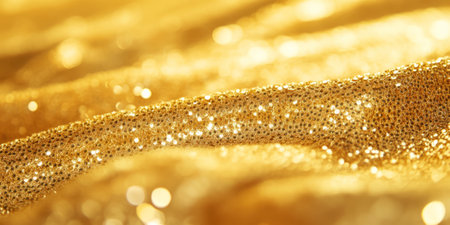 A radiant sequin fabric texture background in shimmering gold. The densely packed, reflective sequins catch the light dynamically, creating a dazzling, glamorous effect, ideal for evening wear, stage costumes, and festive decorations.の素材