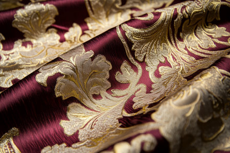 A luxurious silk brocade fabric texture background in shimmering gold and deep crimson. The raised, intricate floral patterns create a regal, opulent effect, ideal for vintage upholstery, evening gowns, and high-end decor.の素材