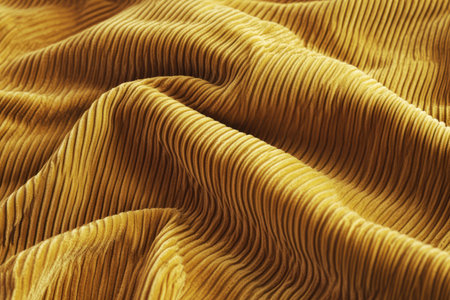 A rustic corduroy fabric texture background in vintage mustard yellow. The parallel ridges and soft texture evoke a retro aesthetic, perfect for casual jackets, cozy pants, and fall-inspired interiors.の素材
