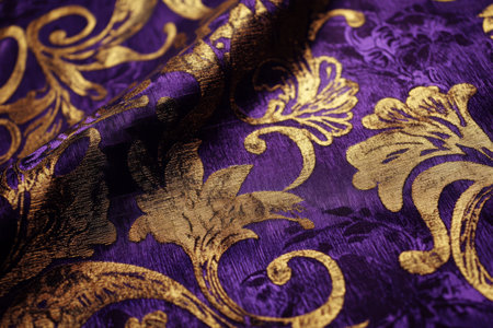 A richly textured brocade fabric texture background in royal purple and gold. The intricate, embossed motifs create a sense of grandeur, perfect for luxury upholstery, evening wear, and baroque-inspired designs.の素材