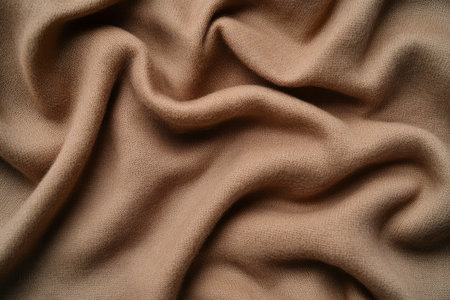 A luxurious cashmere fabric texture background in soft camel brown. The ultra-fine, warm fibers create a rich, comforting feel, making it perfect for high-end winter scarves, elegant sweaters, and premium blankets.の素材