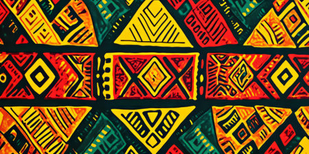 A vibrant African Ankara fabric texture background with bold geometric patterns in red, yellow, and green. The intricate, hand-dyed motifs add cultural depth, perfect for artisan fashion and ethnic decor.の素材
