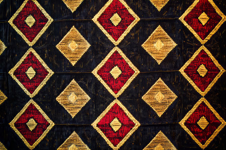 A geometric tapestry fabric texture background in bold red, black, and gold patterns. The woven motifs create a historical, artisanal aesthetic ideal for decorative wall hangings and vintage-style interiors.の素材