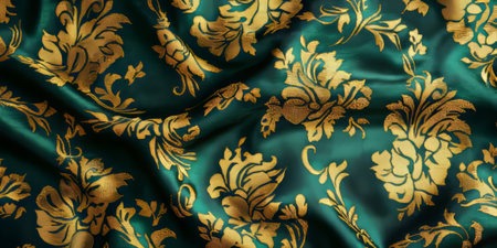A rich brocade fabric texture background in emerald green with gold floral patterns. The raised, ornamental motifs add an opulent, historical charm, ideal for royal-inspired decor, vintage upholstery, and baroque-style fashion.の素材