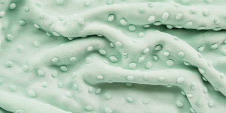 A soft minky fabric texture background in pastel mint green. The plush, velvety surface with raised dots creates a tactile, comforting aesthetic, ideal for baby blankets, plush toys, and cozy winter textiles.の素材