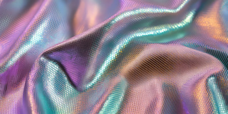 A shimmering holographic fabric texture background in shifting rainbow colors. The iridescent surface creates a futuristic, high-fashion aesthetic, perfect for cyberpunk visuals, evening wear, and experimental designs.の素材