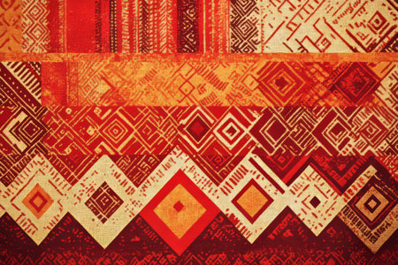 A geometric tapestry fabric texture background in deep earthy reds and oranges. The intricate, woven patterns evoke a sense of history and craftsmanship, perfect for cultural textiles and bohemian decor.の素材