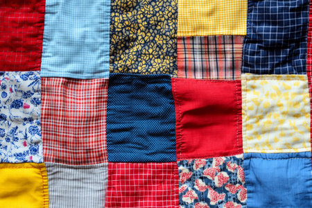 A unique patchwork quilt fabric texture background with vibrant, mismatched patterns in red, blue, and yellow. The hand-stitched seams and diverse fabrics add a cozy, nostalgic, and homemade feel.の素材