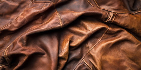 A distressed leather fabric texture background in rustic cognac brown. The natural grain, subtle creases, and weathered patina add character, making it perfect for vintage furniture, rugged jackets, and high-end accessories.の素材