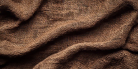 A weathered burlap fabric texture background in deep coffee brown. The coarse, loosely woven structure with frayed edges provides a rustic, vintage charm, ideal for farmhouse decor, eco-friendly crafts, and DIY projects.の素材