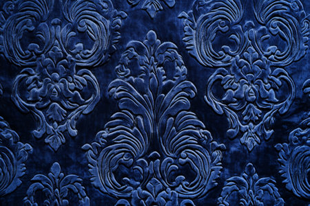 A rich velvet damask fabric texture background in deep navy blue with embossed floral patterns. The raised motifs add depth and luxury, perfect for vintage upholstery, regal fashion, and ornate decor.の素材