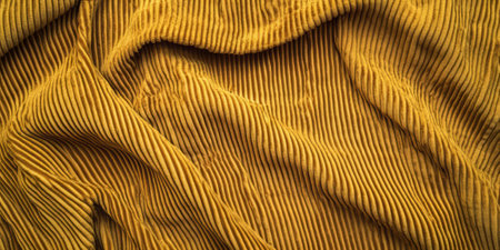 A heavy-duty corduroy fabric texture background in warm mustard yellow. The distinctive parallel ridges create a structured yet soft feel, perfect for vintage jackets, rugged workwear, and cozy autumn fashion.の素材