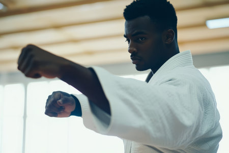 An African American man practicing martial arts in a dojo, refining his techniques with dedication.の素材