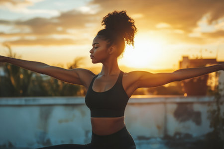 A young Black woman practicing yoga at sunrise on a rooftop, deeply focused as she balances in a warrior pose, embracing her personal wellness journey.の素材