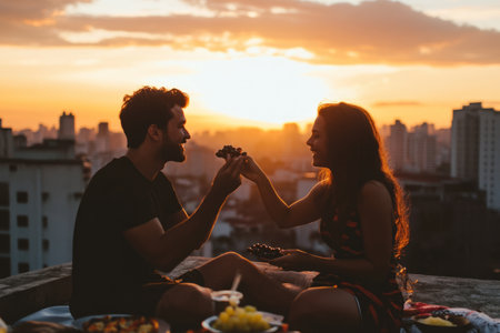 A Brazilian couple enjoying a sunset picnic on a rooftop, feeding each other grapes.の素材