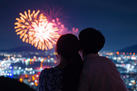 A Japanese couple watching fireworks from a hilltop, leaning their heads together.の素材