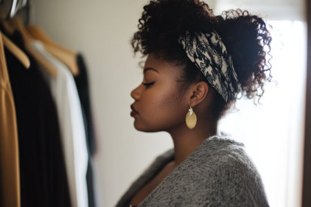 An African American woman organizing her closet, embracing minimalism and decluttering for the new year.の素材