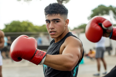 A young Hispanic man practicing boxing at an outdoor gym, training hard to improve his strength and discipline.の素材