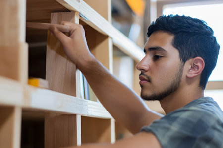 A young Hispanic man building a bookshelf as part of his personal goal to learn carpentry.の素材
