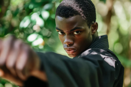 A young Black man training in martial arts, improving his strength and discipline.の素材