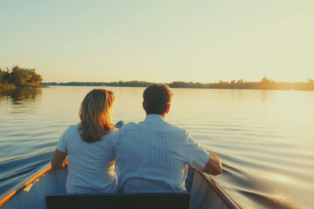 A Caucasian couple taking a boat ride on a peaceful lake, enjoying the quiet intimacy of the moment.の素材