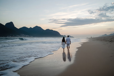 A Brazilian couple walking barefoot along the beach, holding hands as the waves touch their feet.の素材